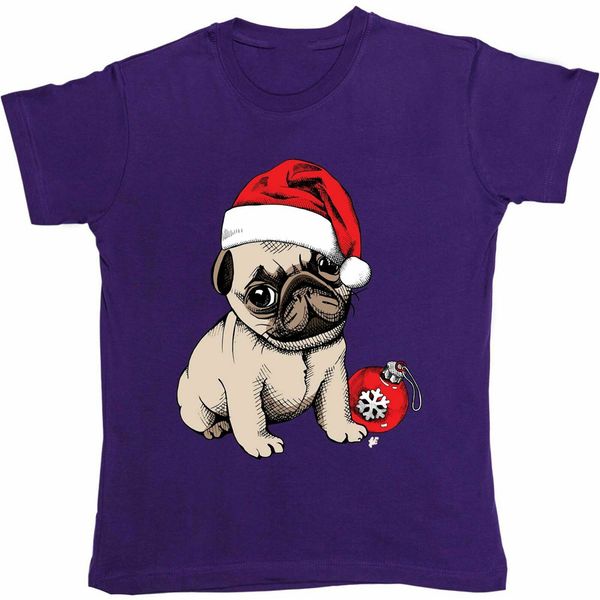 

pug puppy wearing santa hat with snowflake bauble womens boyfriend fit t-shirt slim fit tee shirt