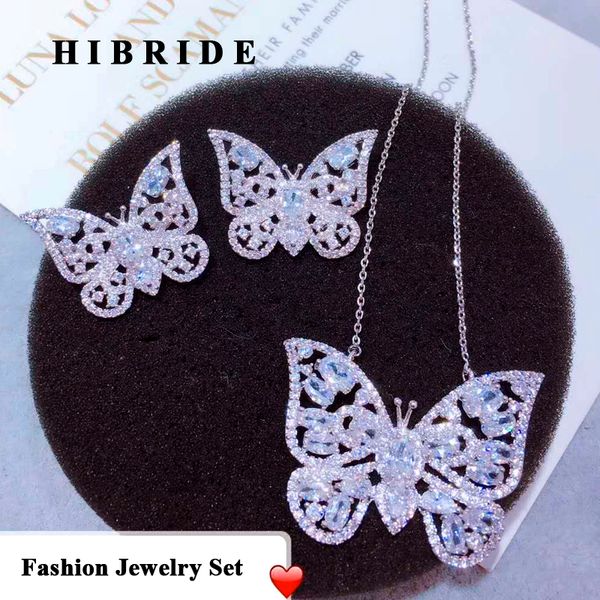 

hibride luxury new butterfly shape earring necklace jewelry set women party jewelry small link pendant brincos bijoux n-643, Silver