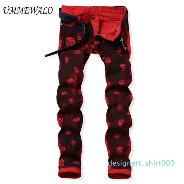 

wholesale- ummewalo skull printed jeans for men casual slim straight jeans designer red pants mens brand printing trousers jeans hombre d03, Blue