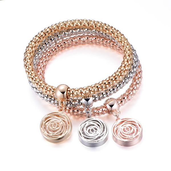 

3pcs/set mix color round hollow rose charm bracelets for women gold silvery popcorn chain rhinestone 2020 new fashion jewelry, Golden;silver