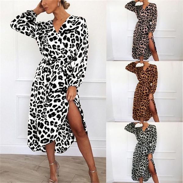 

dress women chiffon long beach dress casual long sleeve v-neck split party dresses vestidos de fiesta high waist leopard, White;black