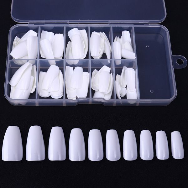 

false nails 24/100pcs/bag nail tips transparent natural coffin flat shape full cover fake tip, Red;gold