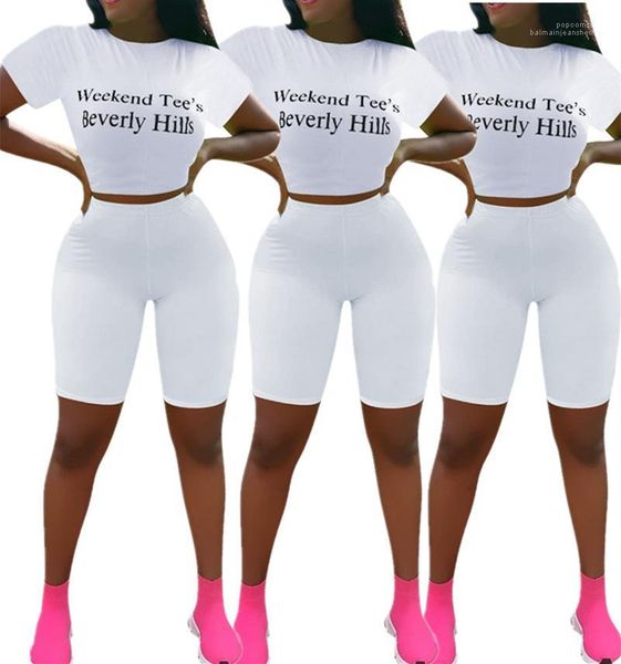 

clothing summer casual knee length tracksuits women letter print white 2pcs suits summer crew neck, Gray