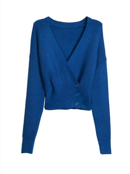 

vintage blue caot woman v neck knitted sweater cardigan short knitwear long sleeve slim outwear with three buttons, White