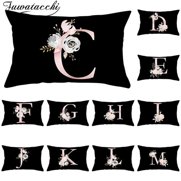 

fuwatacchi 26 alphabet flower throw pillowcase for home decorative pillows covers black pink rectangle cushion cover 30*50cm