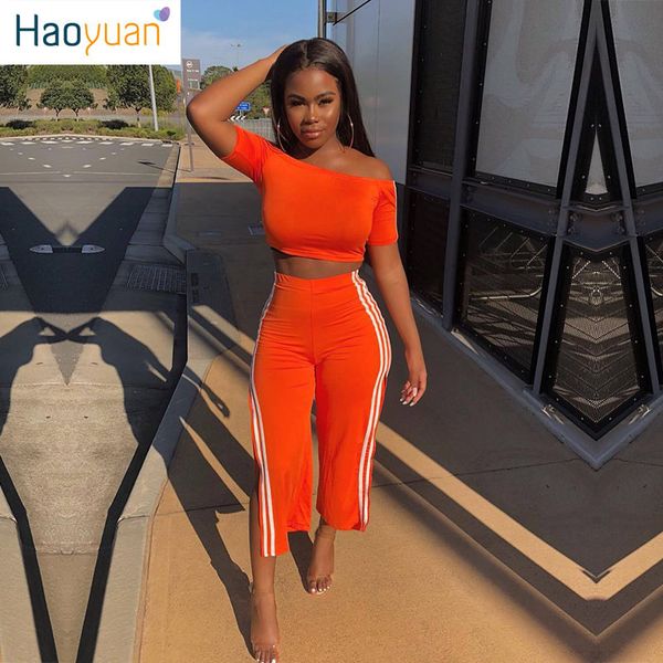 

haoyuan striped two piece set tracksuit festival short sleeve crop pants sweat suits birthday outfits 2 piece set women, White