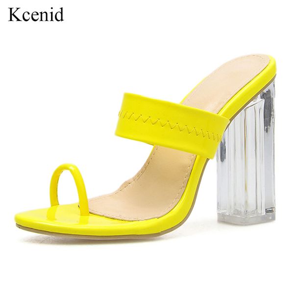 

kcenid yellow red patent leather fashion slippers crystal heel party shoes woman open sandals high heeled slides size 35-42, Black