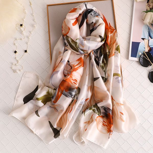 

scarves summer women silk scarf beach hijab shawls and wraps 2021 flower print female foulard echarpe designer bandana, Blue;gray