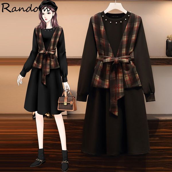 

plus size women dress suit plaid woolen vest and t shirt dress two piece set 2020 fashion cloth fall streetwear big outfits, Gray