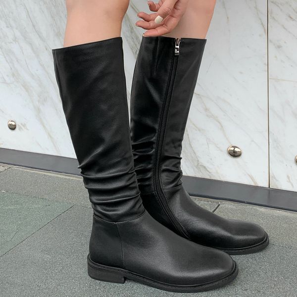 

women genuine leather square heels folds knee high boots round toe zip winter fashion sewing casual black beige boots shoes