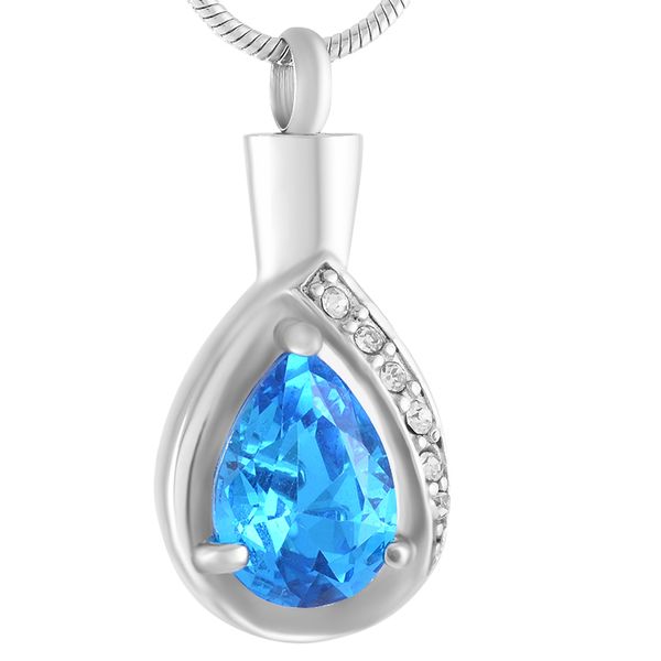 

chains cremation jewelry urn pendant for women keepsake memorial necklace hold ashes -ss inlay purple/blue zircon teardrop, Silver