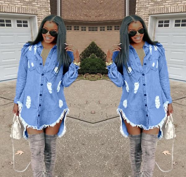 

дизайнер платья женщин hiphop denim blue jean рубашка платье весна осень рваные джинсы кисточка, Black;gray