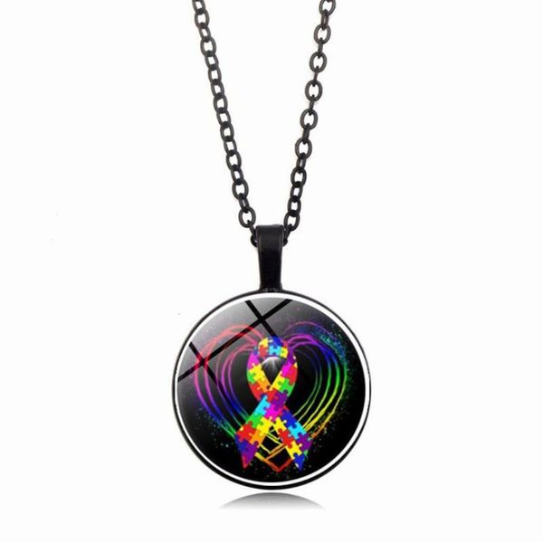 

autism awareness necklace autism ribbon on heart 25mm glass cabochon pendant necklace men women lover gifts hot, Bronze;silver