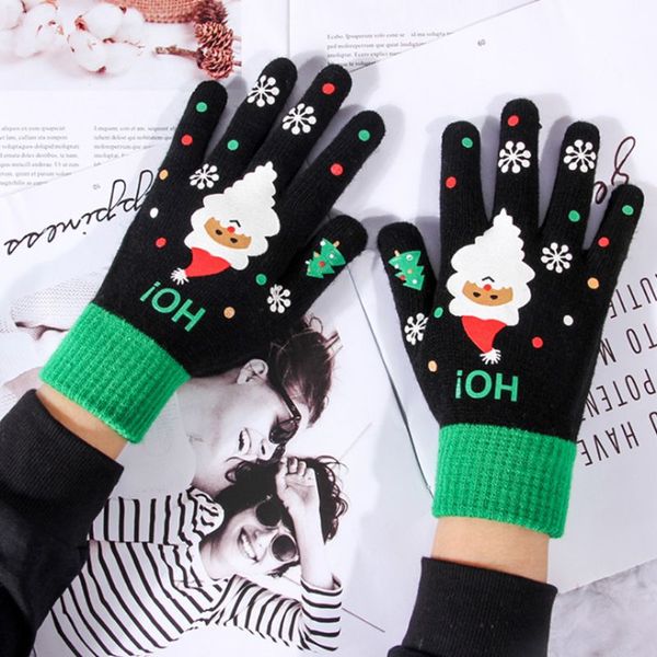 

womens winter knit touchscreen gloves christmas cartoon santa print snow mittens, Blue;gray