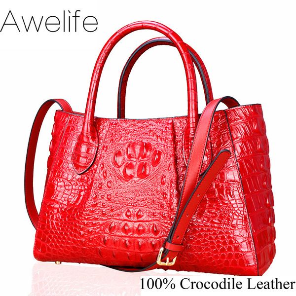 

crocodile leather handbag women genuine leather messenger bag fashion shoulder brand bag ladies bag handbag, Black;red