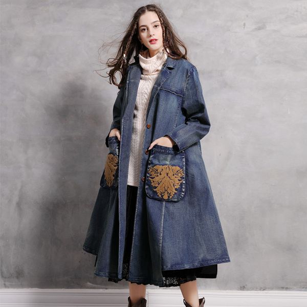 

johnature trench coat women clothes 2020 new autumn vintage denim turn-down collar asymmetric length single breasted long coat, Tan;black