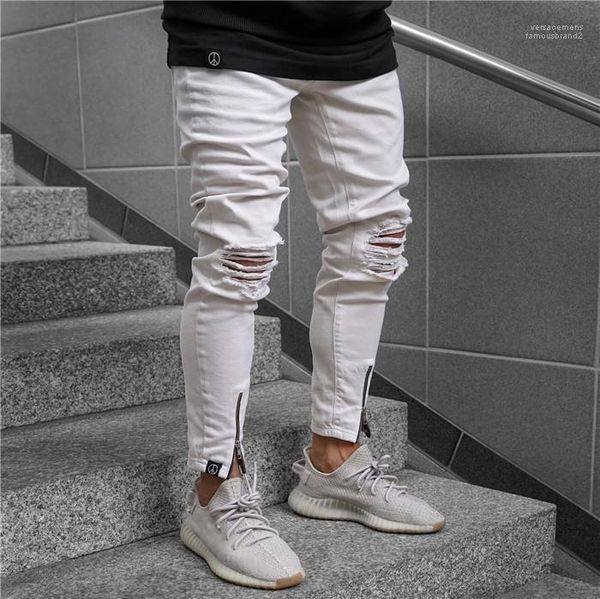 

skinny mid waist jeans mens apparel mens ripped jeans fashion summer zipper casual pencil pants, Blue
