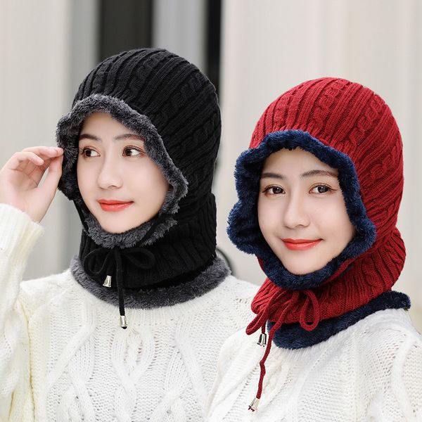 

winter one piece warm hat knitted neck hat outdoor cycling wool women winter ear protection collar cap, Blue;gray
