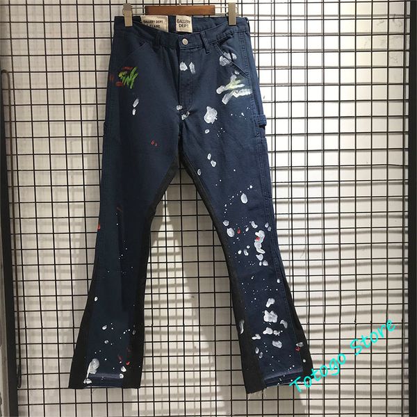 

high street damage hole distressed gallery dept jeans men women manual splash ink gallery dept stitching bootcut denim pants, Blue