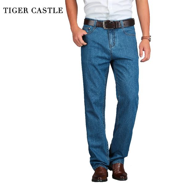 

tiger castle 100% cotton summer men classic blue jeans straight long denim pants middle-aged male quality lightweight jeans