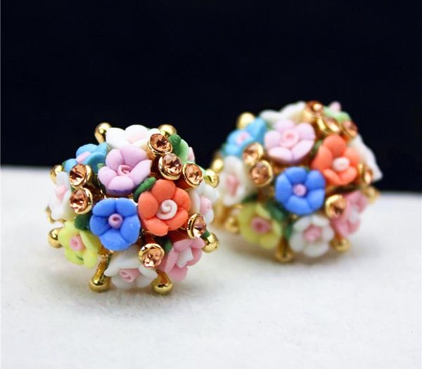 

selling brand jewery luxury crystal double imitation stud earrings for women ceramic flowers earrings for summer11, Golden;silver
