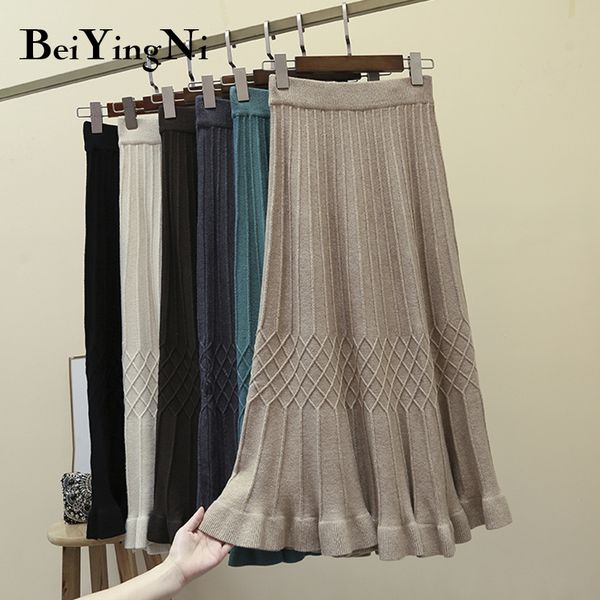 

beiyingni high waist skirts womens solid plaid vintage casual sweater knitted skirt for woman elastic retro skirt faldas mujer, Black