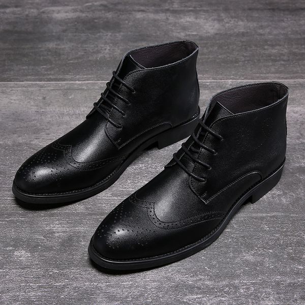 

yomior vintage men boots autumn winter ankle boots fashion lace-up men business casual high brogue shoes, Black