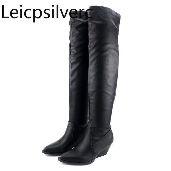 

boots women's autumn and winter the fashion pointed thick heel mid over knee plus size 34-48, Black