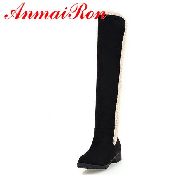

anmairon winter warm plush long boots women flats flock boots black gray colors casual shoes woman big size