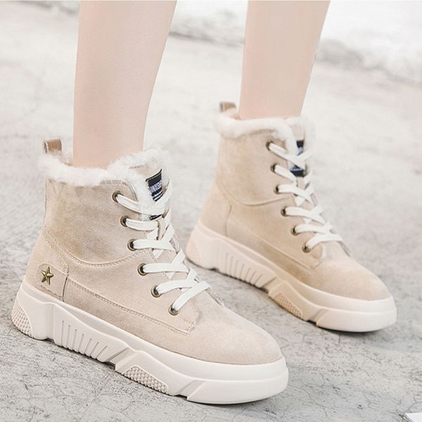 

women snow boots flat lace up winter plush platform ladies warm shoes 2020 new flock fur women's suede ankle boots flats female, Black