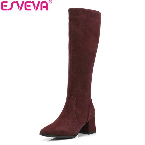 

esveva 2020 shoes women knee-high boots cow suede square heels square toe autumn motorcycle boots shoes high heels size 34-39, Black