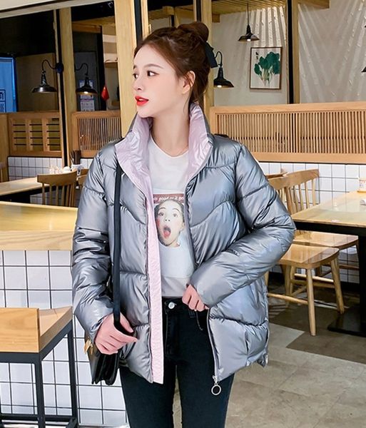 

selling designers women short shiny cotton coat 2020 simple fashionable down cotton coat european american winter thickened bread jacket, Black