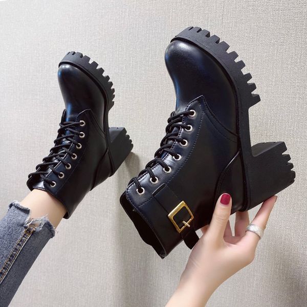 

boots black pu leather ankle for women chunky platform buckle motorcycle woman waterproof office shoes ladies