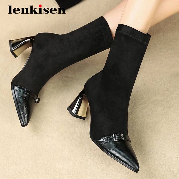 

lenkisen large size work boots natural leather buckle decorations pointed toe high strange heel slip on cozy mid-calf boots l0f2, Black