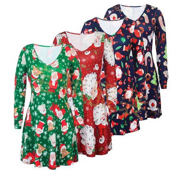 

christmas day long sleeve v neck womens designer luxury dress elk gift cane candy print dress, Black;gray