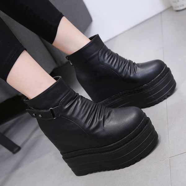 

women boots high heels brand women's shoes leather booties boots-women zipper platform round toe stiletto fashion lolita, Black