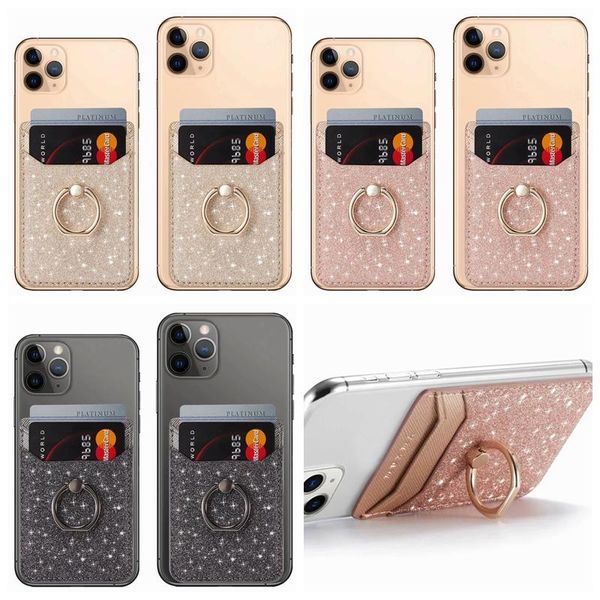

bling glitter universal metal finger ring bracket card slot 3m sticker leather for iphone most of phone stick on cash id credit holder case
