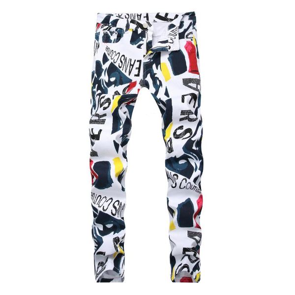 

new style men's brand jeans cotton white letter printed designer hip hop jeans men denim pants fashion elastic jean, Blue