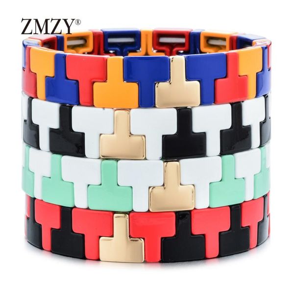 

charm bracelets zmzy fashion women men painted metal jewelry stackable stack colorful elastic stretch enamel bead tile bracelet, Golden;silver