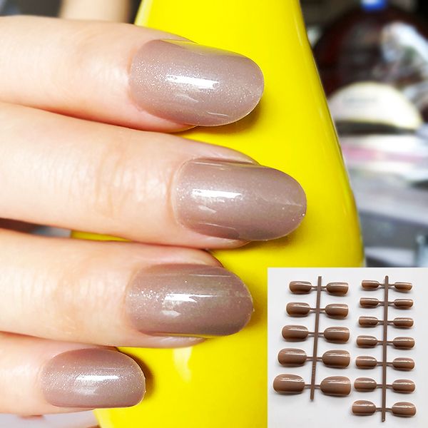 

false nails candy uv gel shiny camel color fake ladies finger nail art tips round type decoration short artificial manicure, Red;gold