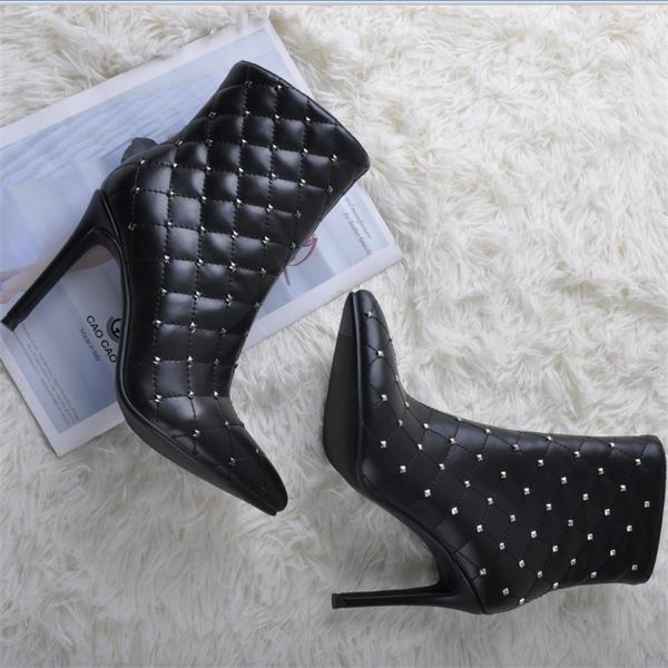 

onlymaker women's pointed toe rivets ankle boots high heel stiletto lattice side zipper booties, Black