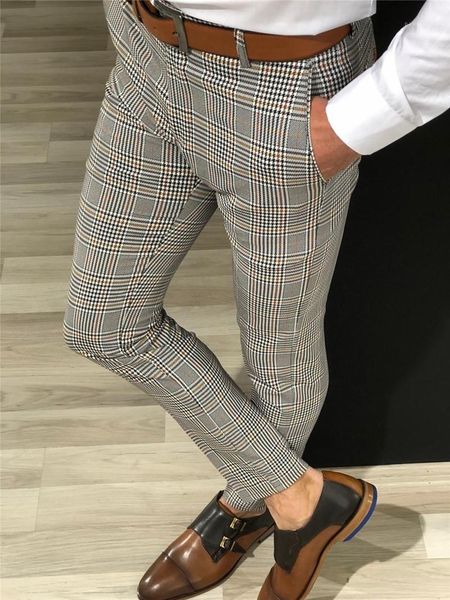

slim long casual pants spring summer zipper brief mens pants men trousers stripe grid little feet, Black