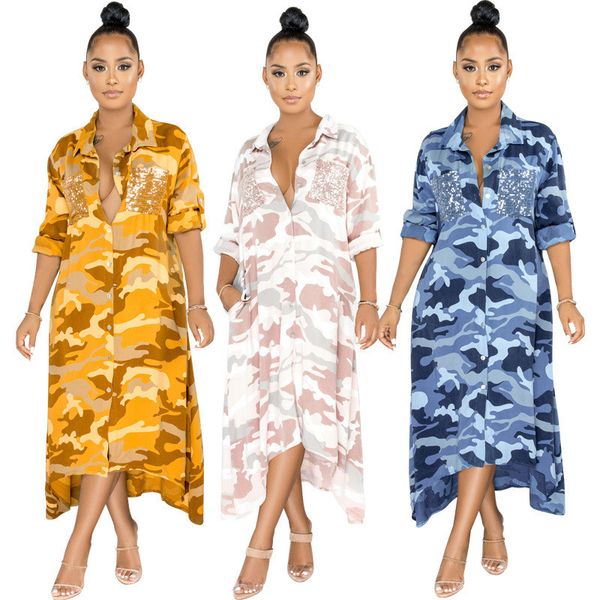 

camouflage women shirt dresses casual long sleeve single breasted long asymmetrical dresses new autumn women clothes, Black;gray