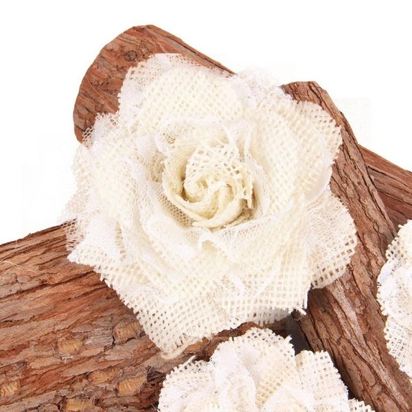 

10pcs hessian burlap lace rose flower heads for rustic wedding decor 10cm