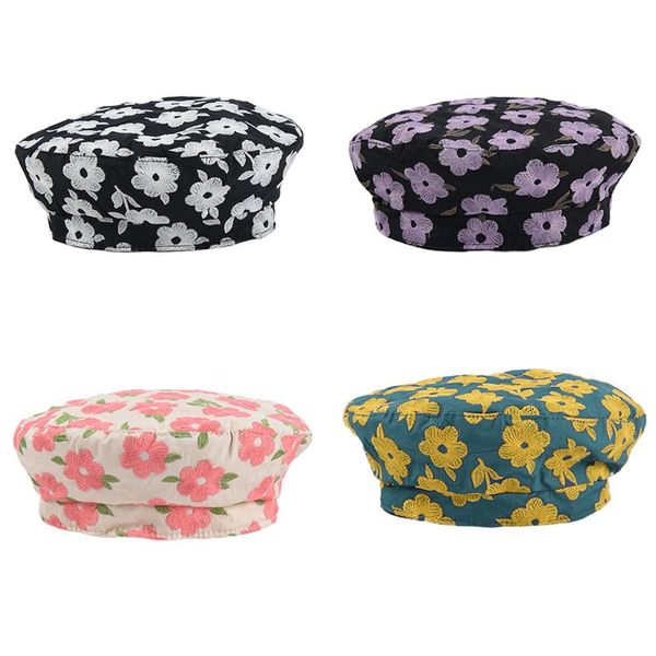 

spring summer women berets fashion flower embroidery vintage painter flat hat, Blue;gray
