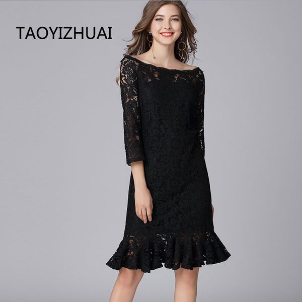 

casual dresses taoyizhuai 2021 arrival spring high street style mermaid hollow out plus size 45-110kg fashion slash neck women dress 16032, Black;gray