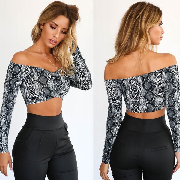 

women's blouses & shirts ladies women crop tank tee blouse off shoulder snake skin clothes, White