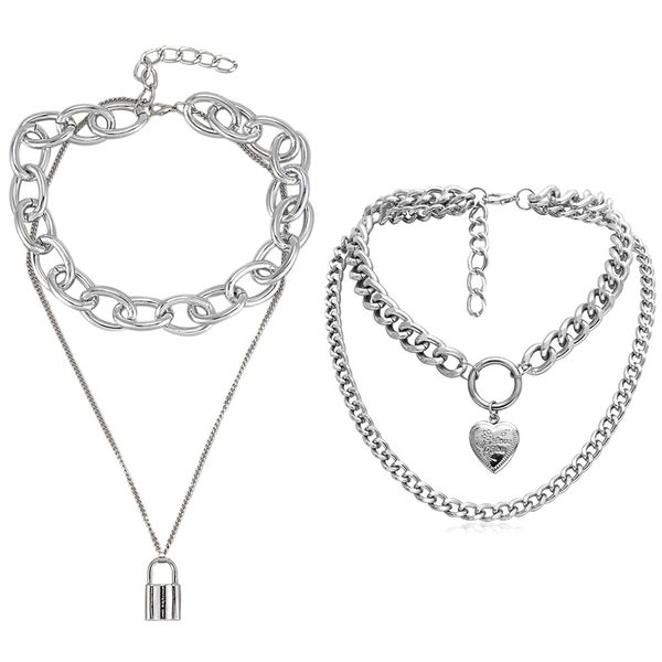 

1pcs padlock chain necklace with lock pendant necklaces & 1pcs heart choker necklace round hollow multilayer pendant, Silver