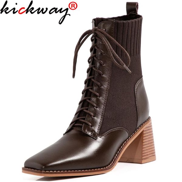 

kickway new genuine leather square toe lace up ankle boots knitted autumn winter boots luxury ankle for women, Black