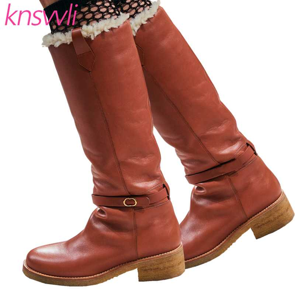 

runway knee high boots for women round toe faux fur snow women boots belt buckle warm down winter shoes woman long knight, Black